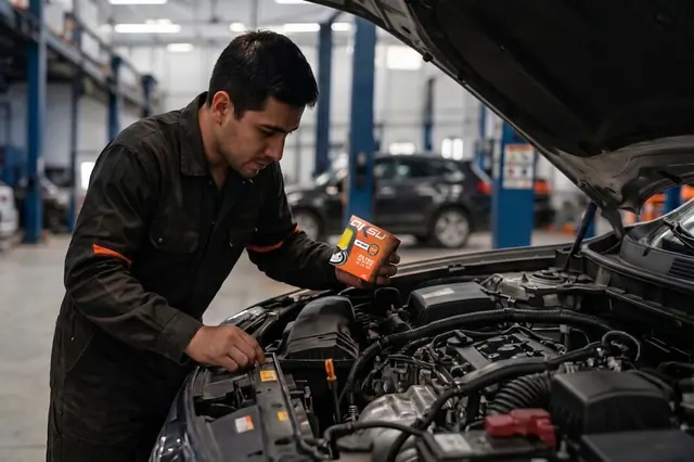 Mecánico instalando un filtro AKSU en un vehículo