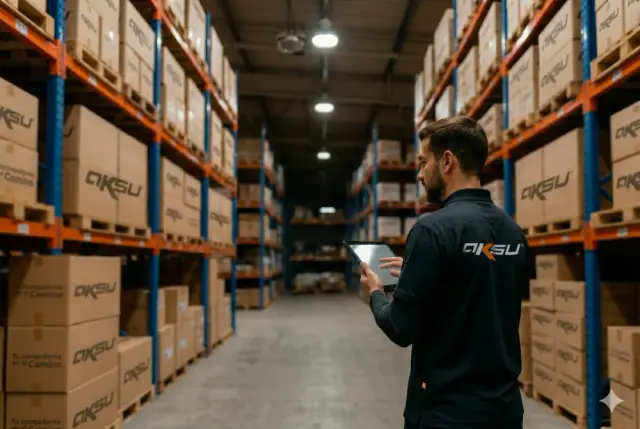 Distribuidor AKSU revisando inventario en almacén
